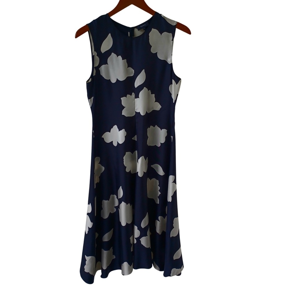 Theory Nophella NS Petal Silk Large‎ Floral Midi Dress Black Cream Size 4 - Picture 2 of 11